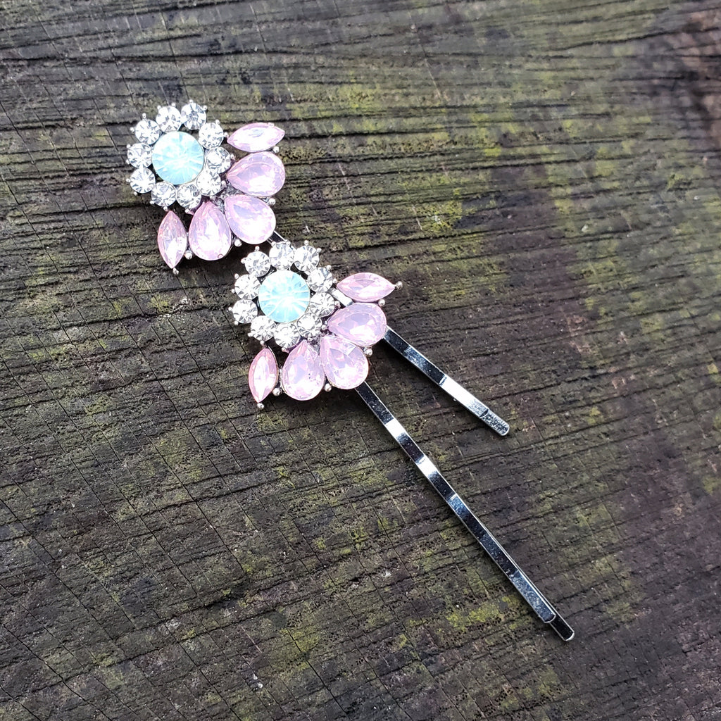 Pink and Mint Rhinestone Hair Pins Set of 2 Crystal Bobby Pins ACC55