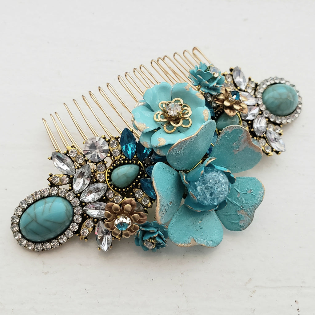 Distressed Blue and Gold Bridal Comb Enamel Flower Rhinestone Hair Piece ACC56