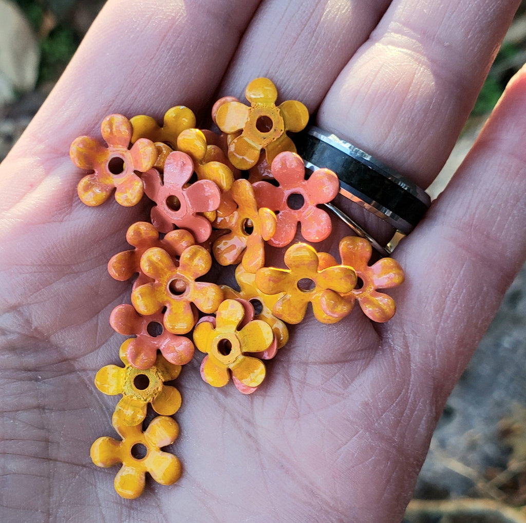 20 Pcs Enamel Flower Layers Yellow Coral Orange 1/2 Inch (12-13mm)