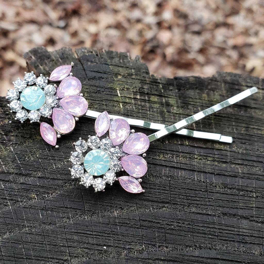 Pink and Mint Rhinestone Hair Pins Set of 2 Crystal Bobby Pins ACC55